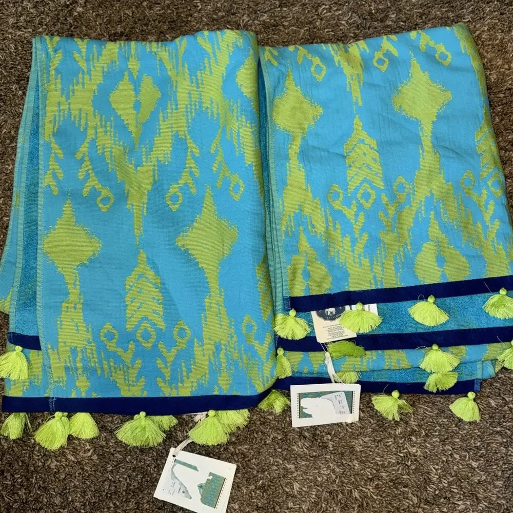 2 NEW John Robshaw Ravi Peacock Beach Towels Tassels 40